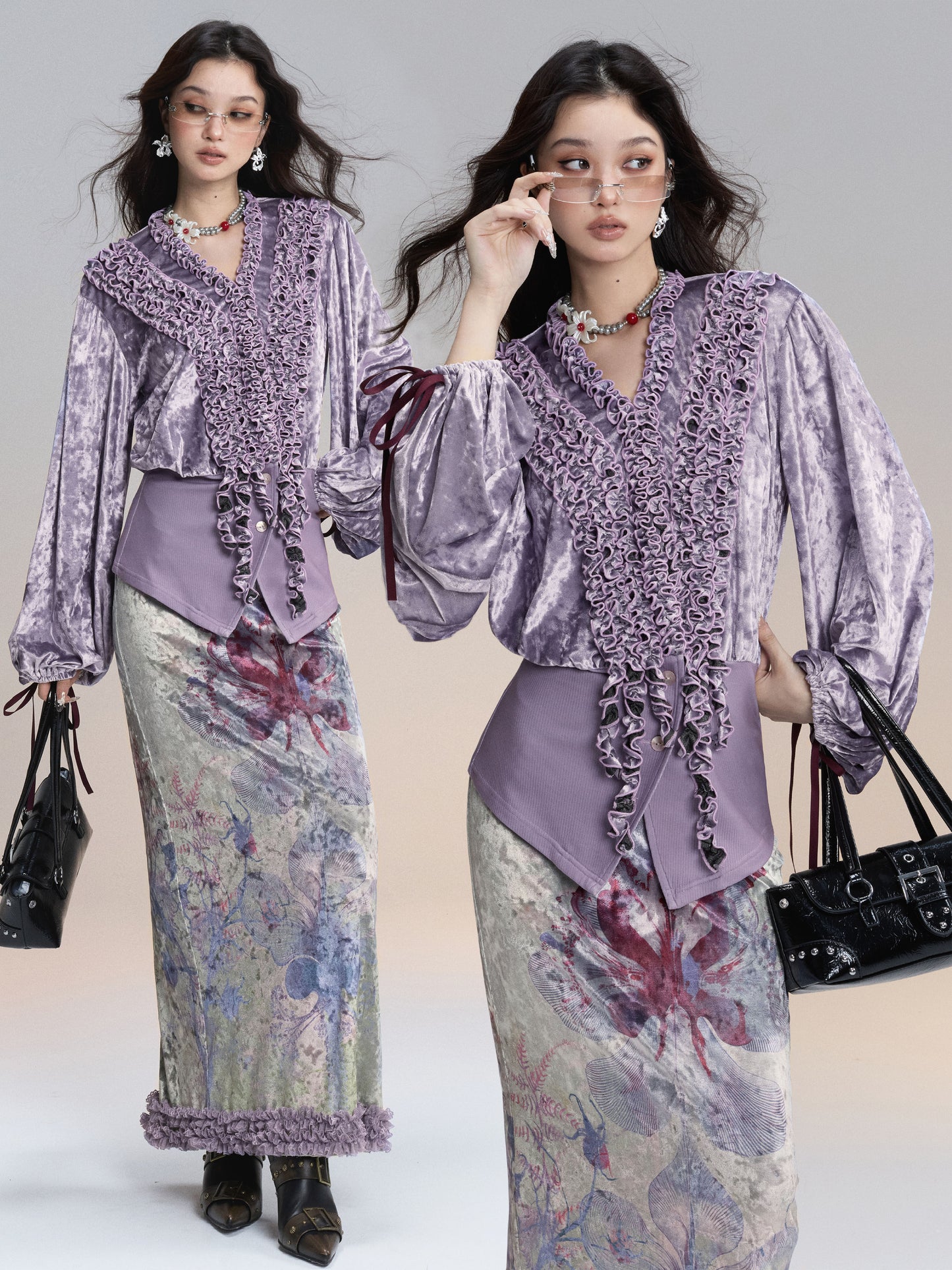 Lilac Ruffle Velvet Shirt