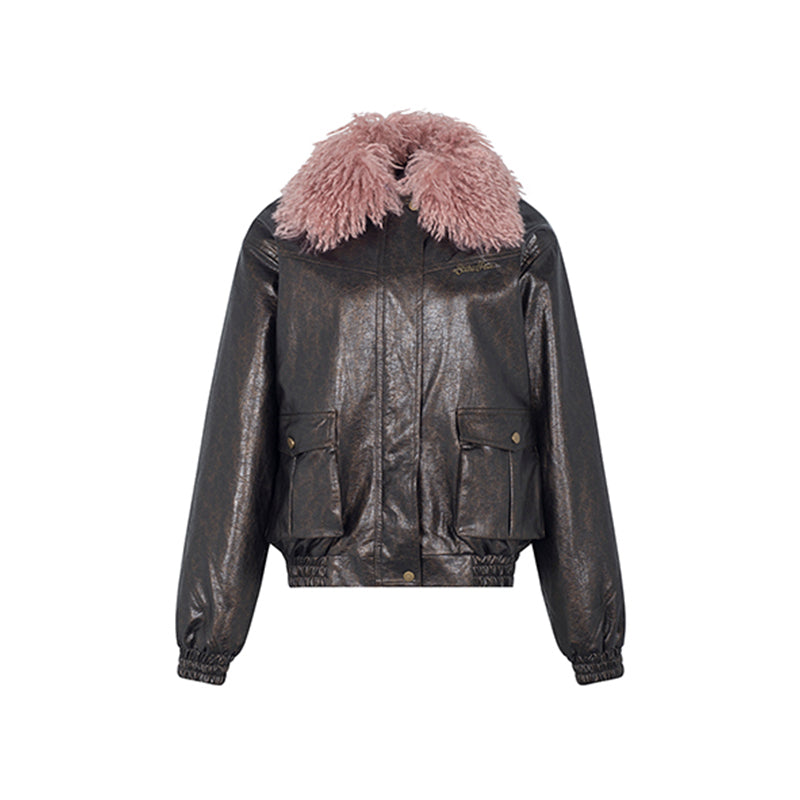 Vegan Leather Jacket With Detachable Fluffy Collar Strike A Pose