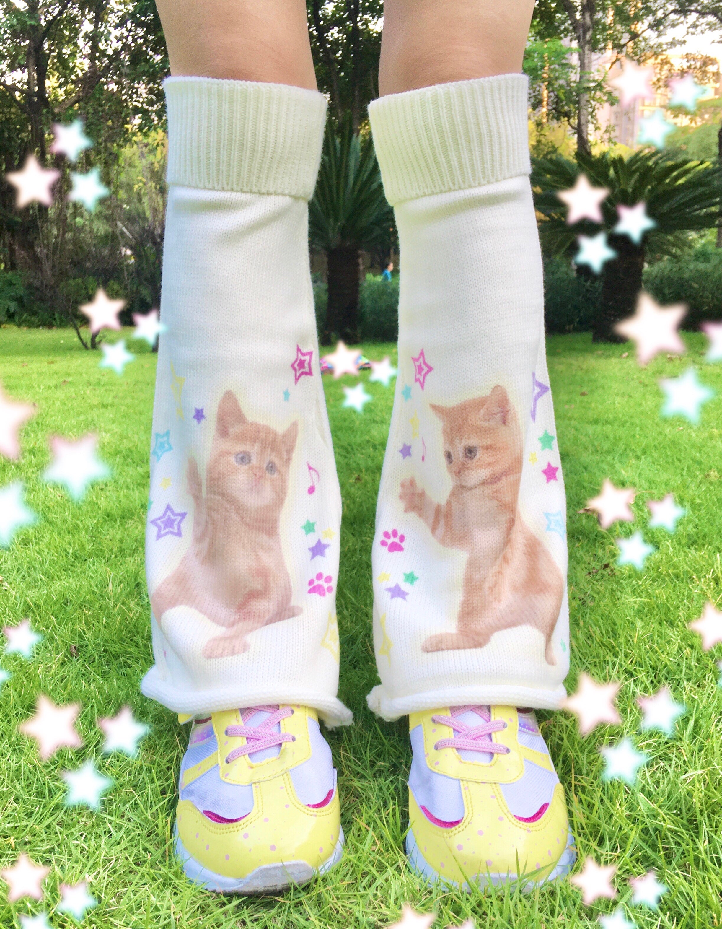 Pink Kitty Cat Star Patchwork Tied Knit Leg Warmers