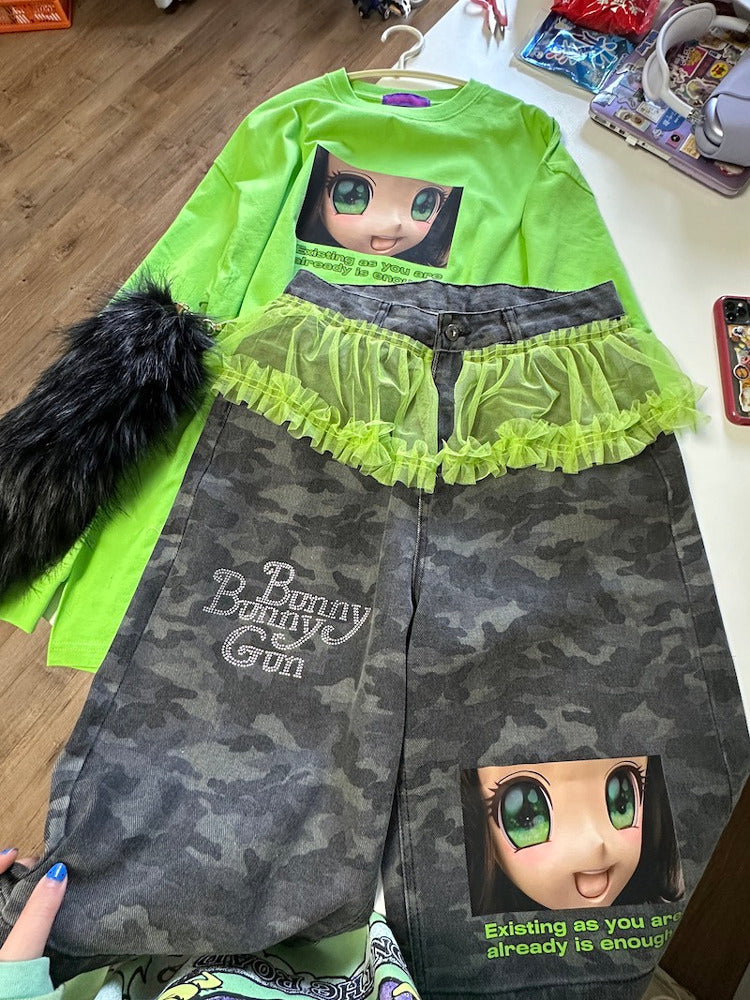 Anime Lace Camouflage Baggy Jeans