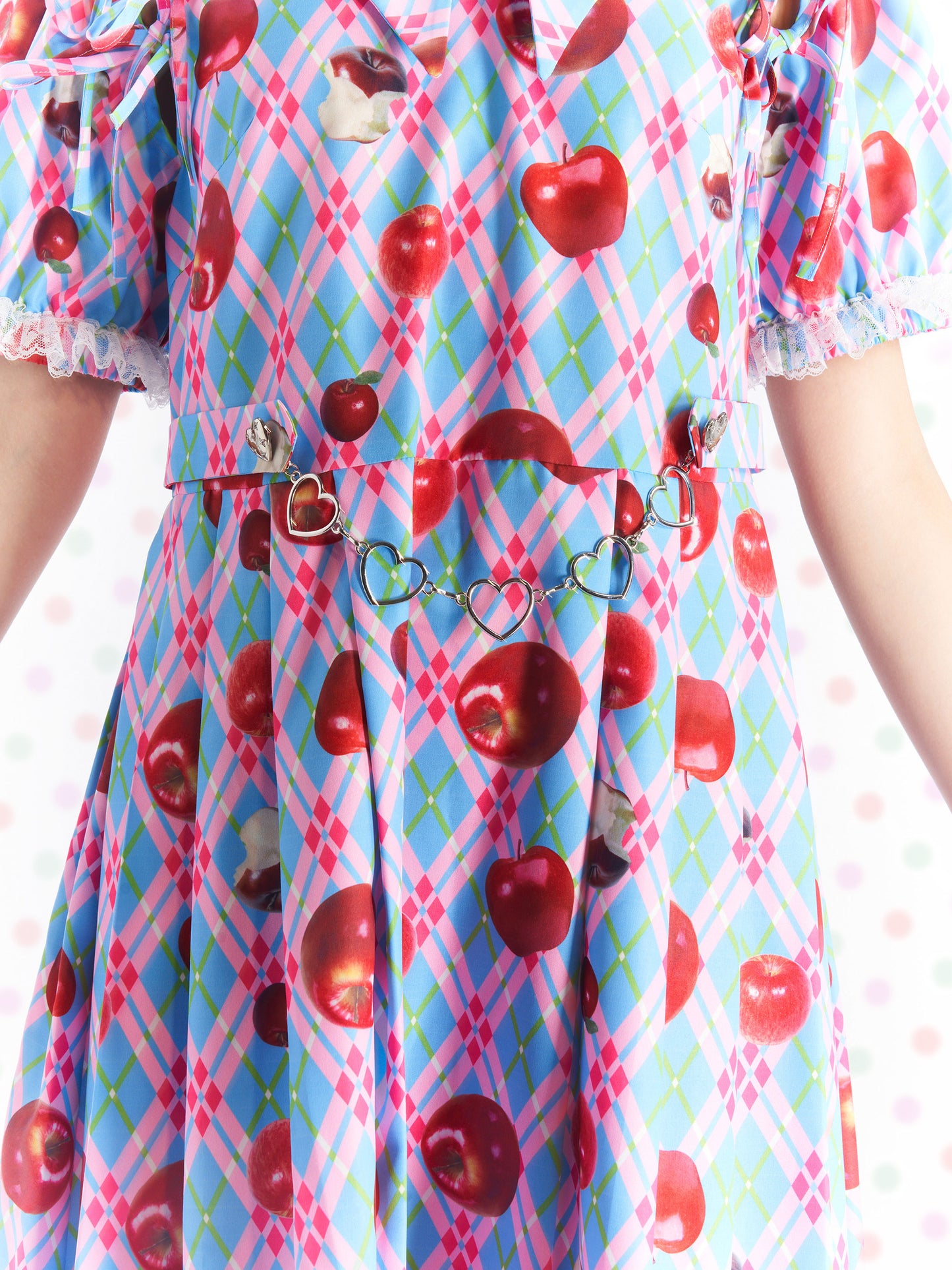 Kawaii Apple Plaid Puff-Sleeve Dress