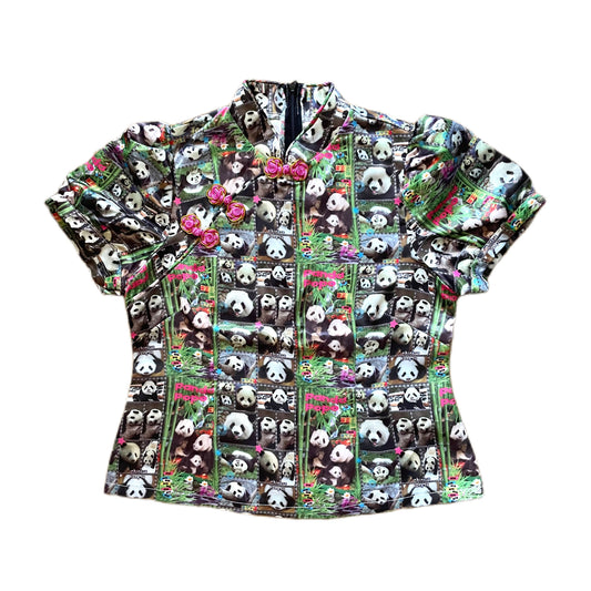Panda Puff-Sleeve Cheongsam Shirt