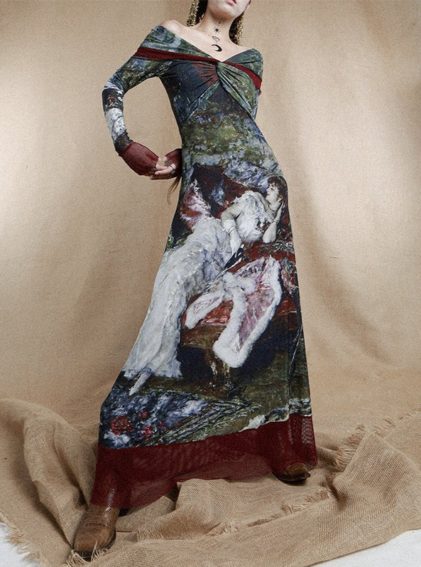 work of art maxi dress Vestido Maxi Work Of Art Long Sleeve - Multicolor