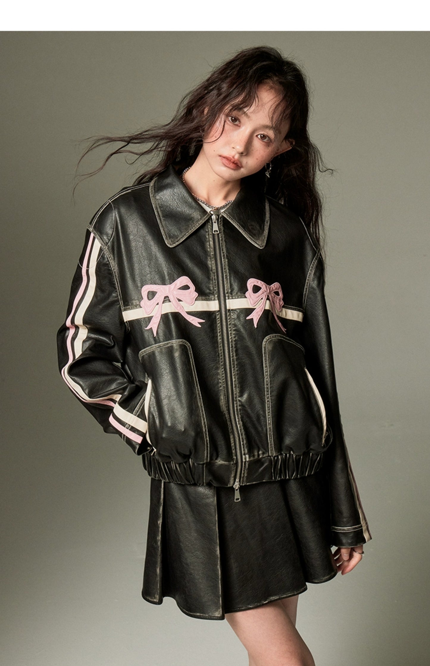 Pink Bow Tie Oversized Vegan Leather Jacket