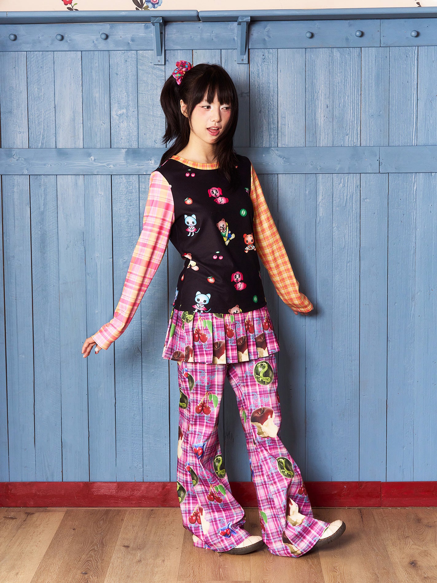 Fruits Plaid Pants with Pleated Mini Skirt