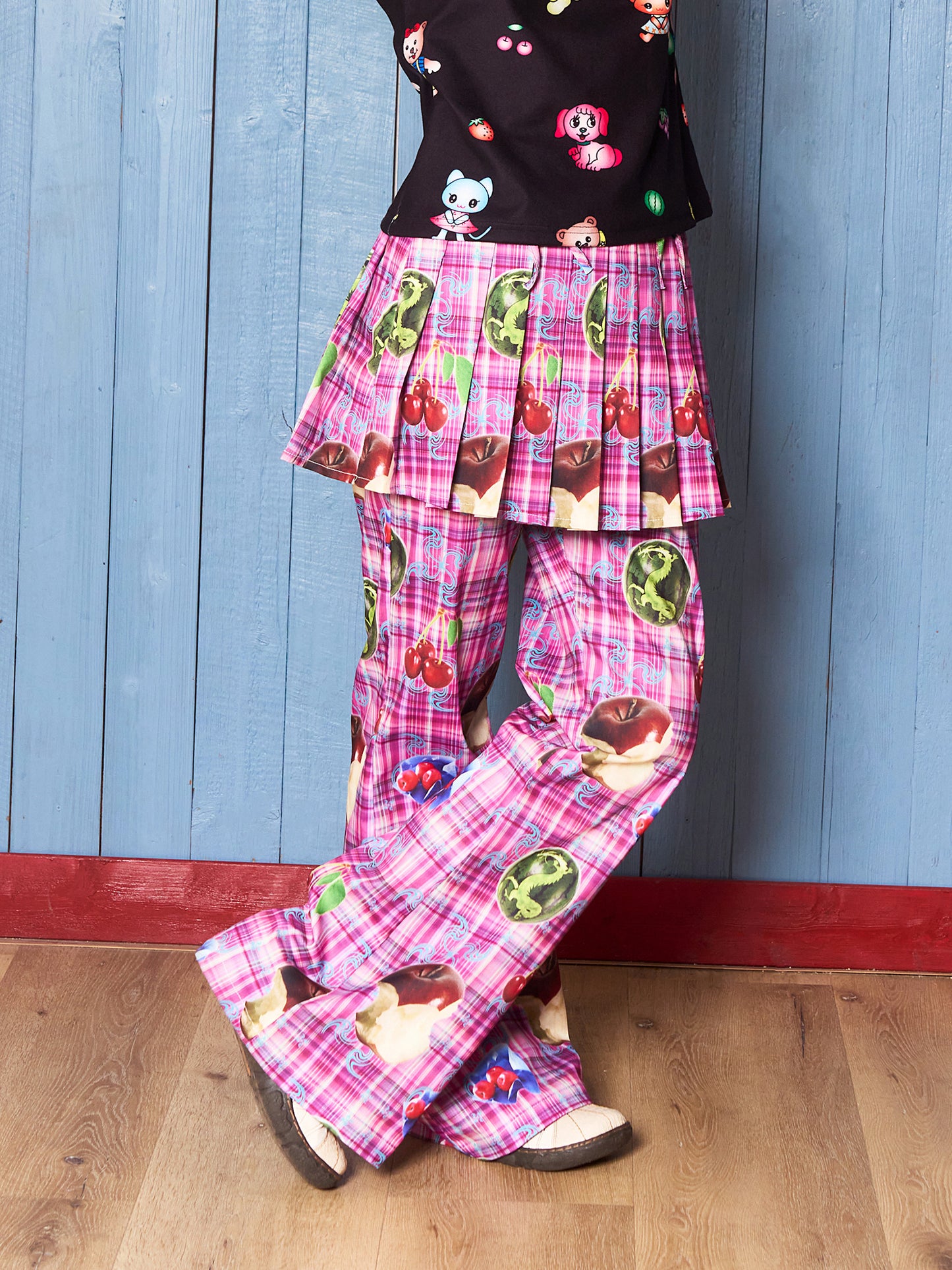 Fruits Plaid Pants with Pleated Mini Skirt