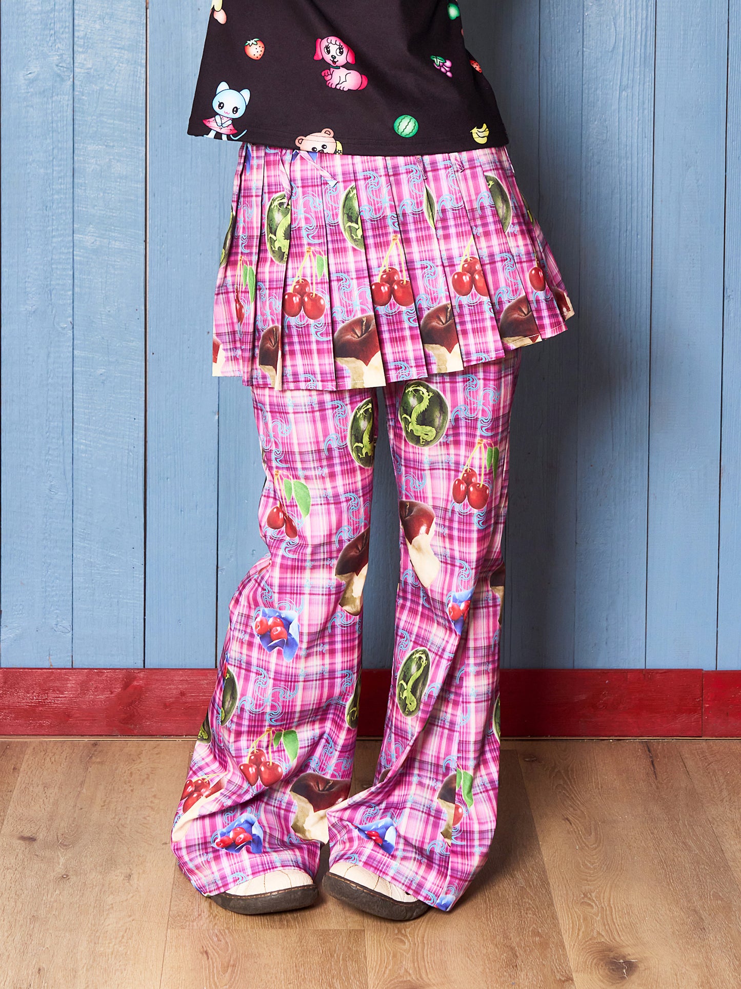 Fruits Plaid Pants with Pleated Mini Skirt