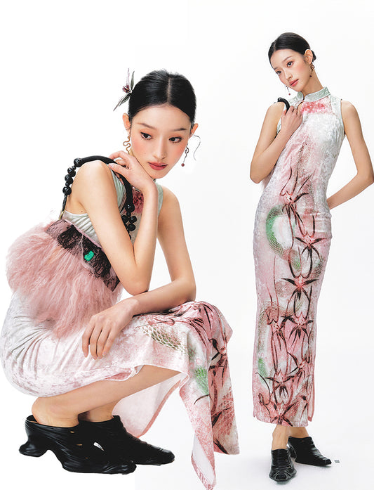 Floral Serpent Velvet Cheongsam Dress