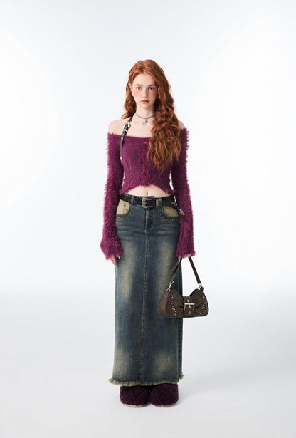 Berry Off Shoulder Flare Cuff Sweater