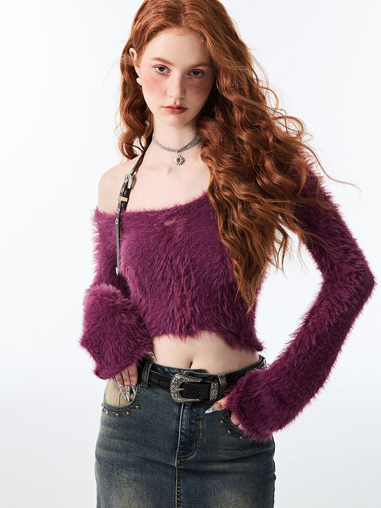 Berry Off Shoulder Flare Cuff Sweater