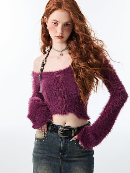 Berry Off Shoulder Flare Cuff Sweater