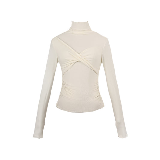 White Turtleneck Ruched Knit Top