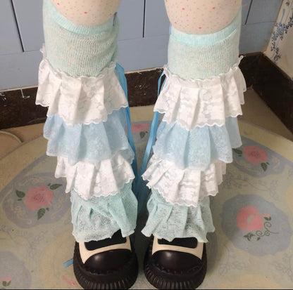 Pink and Blue Layered Lace Leg Warmers