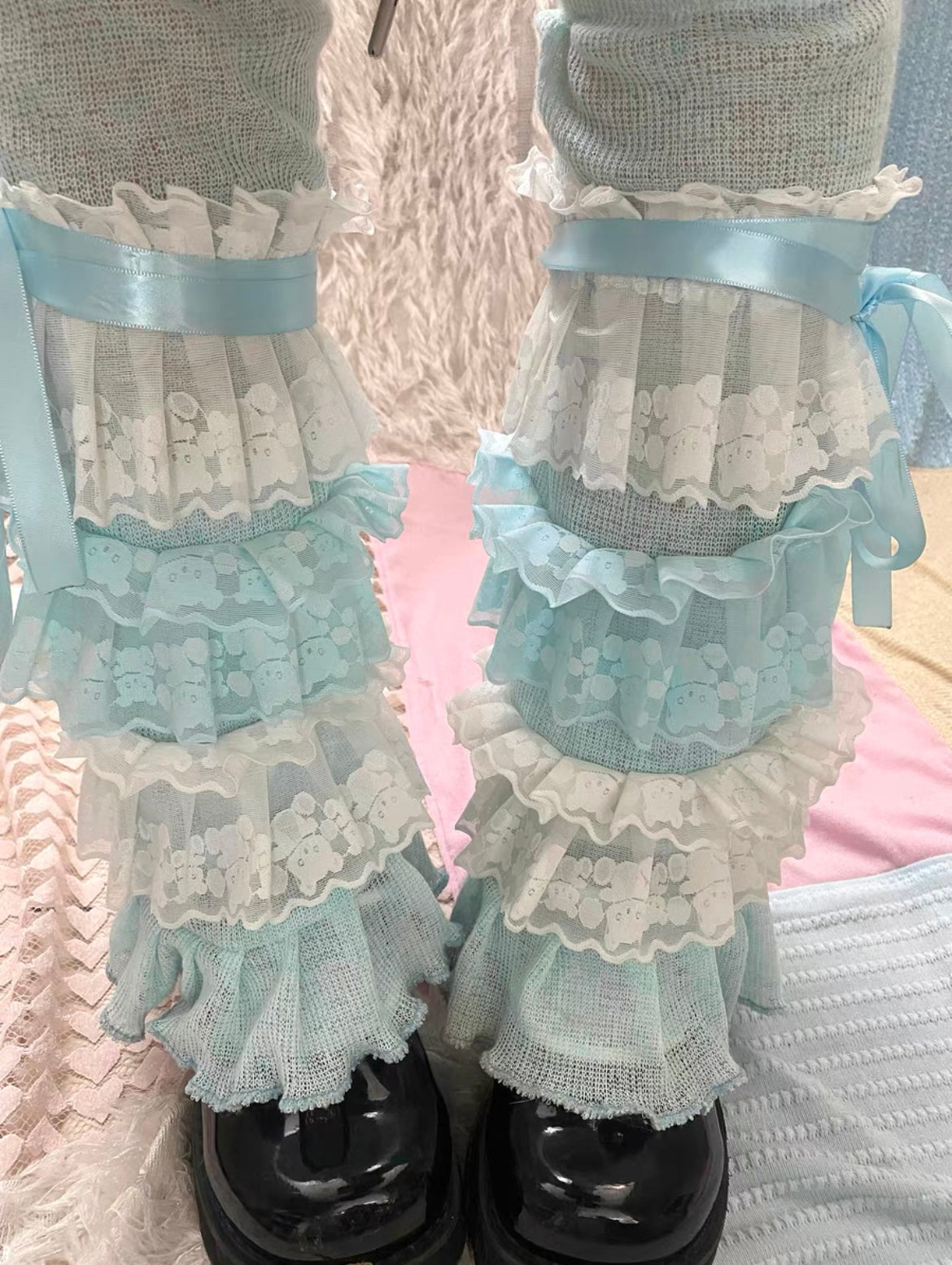 Pink and Blue Layered Lace Leg Warmers