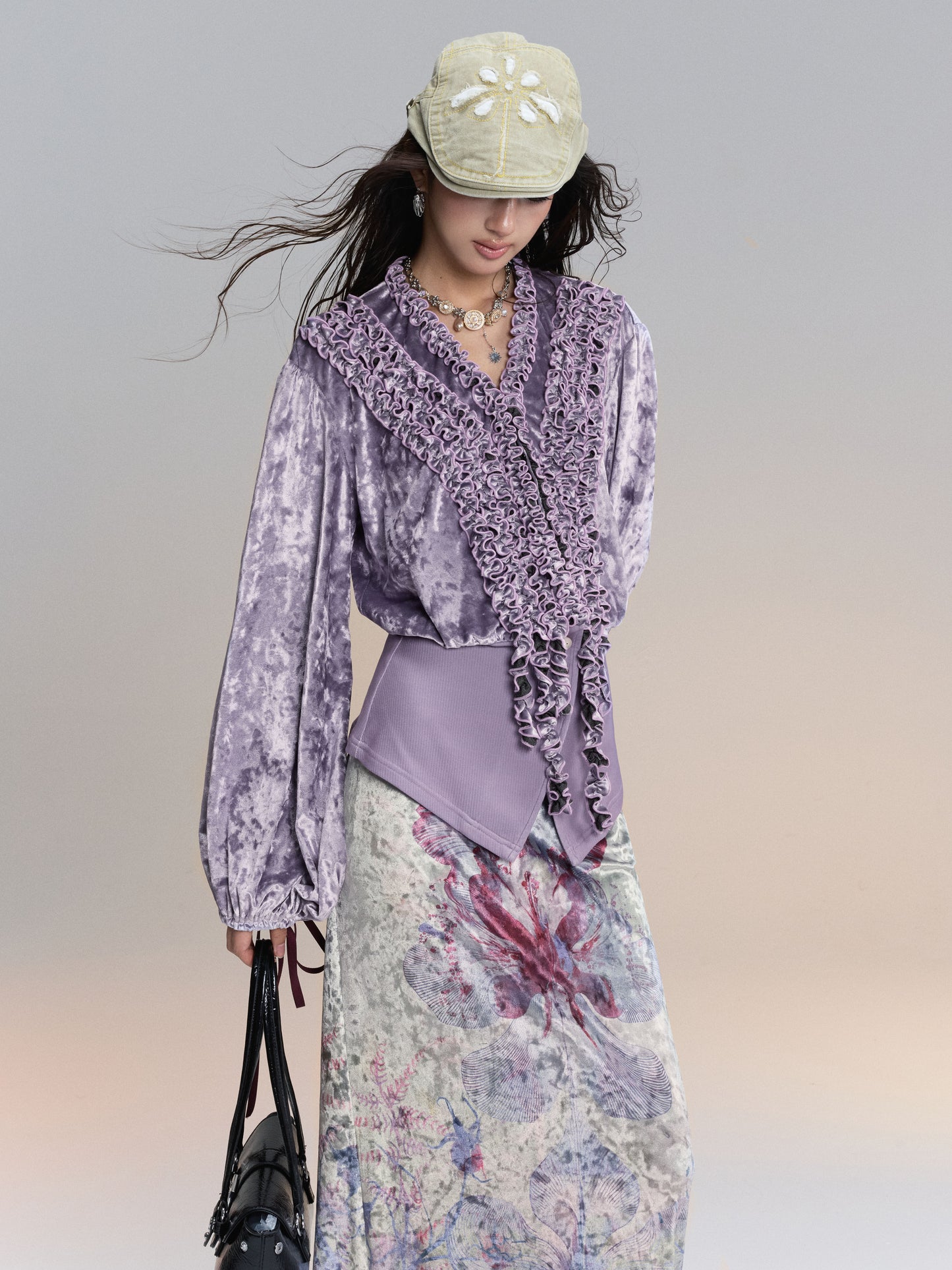 Lilac Ruffle Velvet Shirt