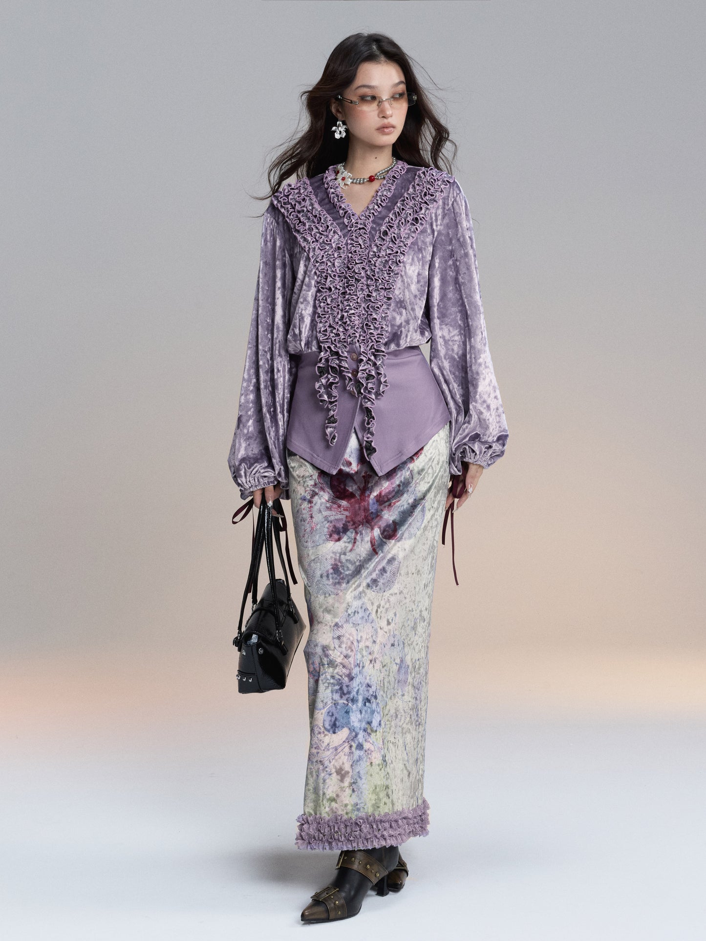 Lilac Ruffle Velvet Shirt