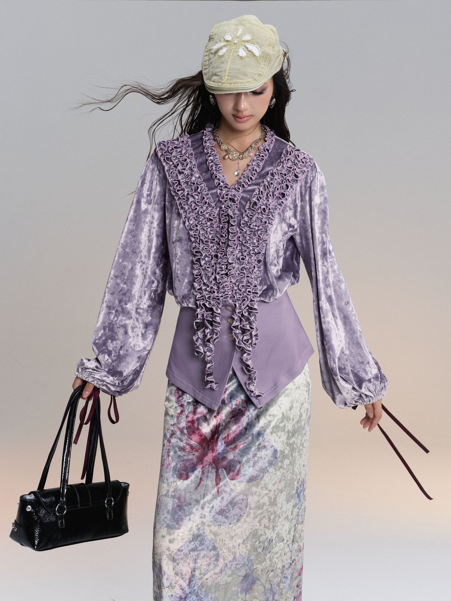 Lilac Ruffle Velvet Shirt