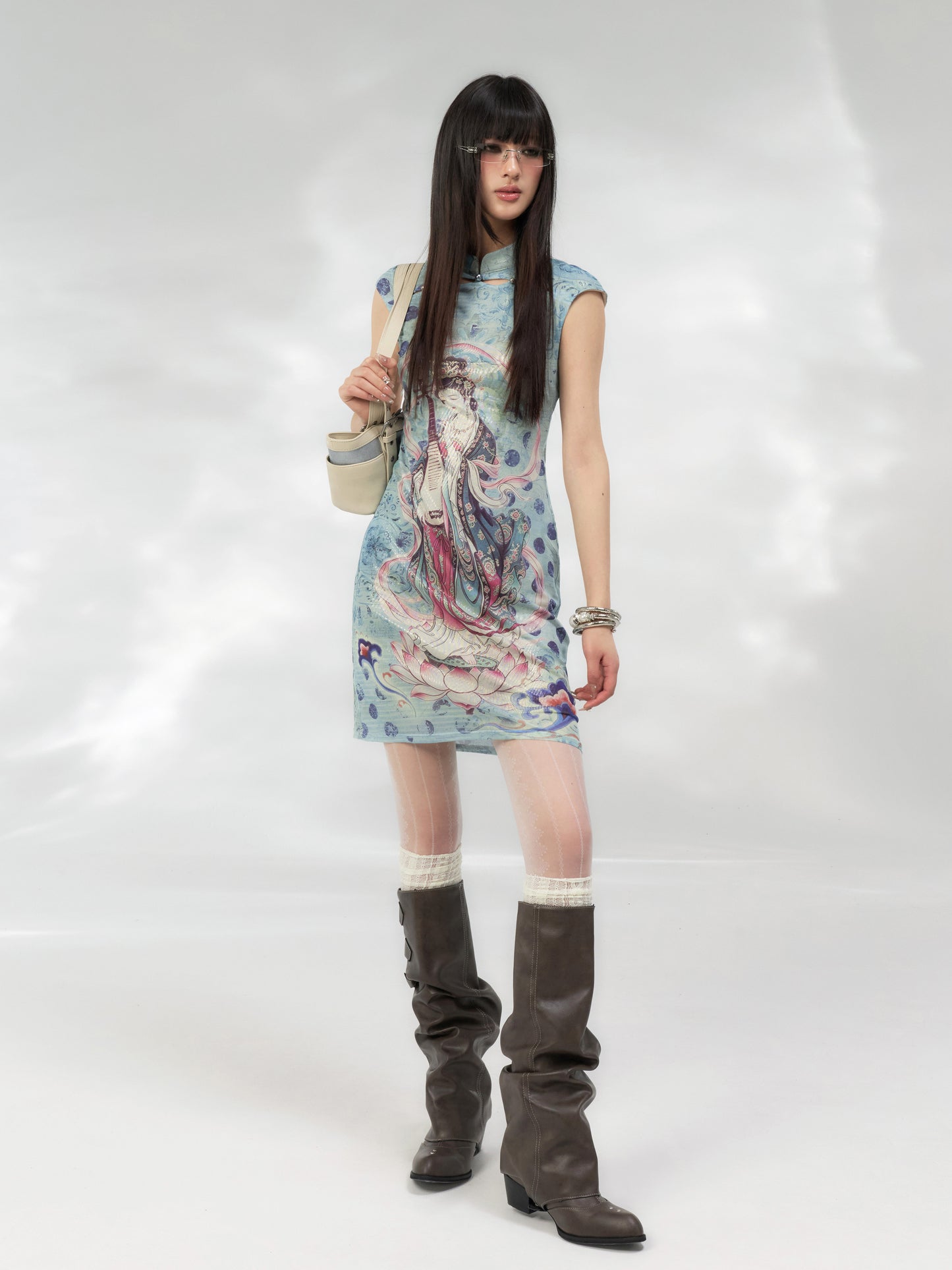 Lotus Pipa Mesh Cheongsam Dress