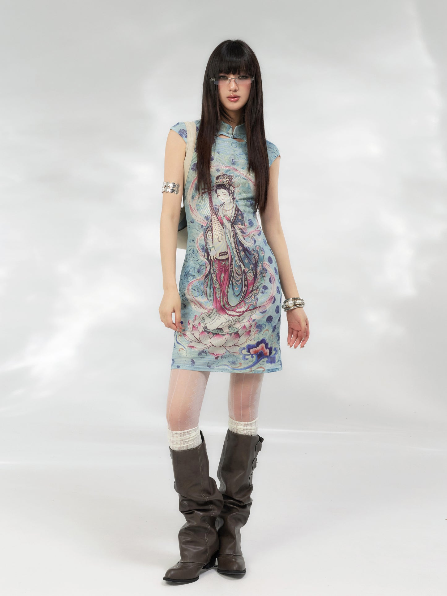 Lotus Pipa Mesh Cheongsam Dress