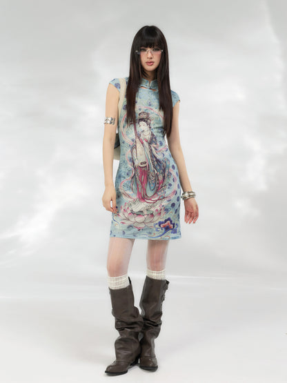 Lotus Pipa Mesh Cheongsam Dress