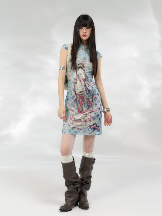 Lotus Pipa Mesh Cheongsam Dress