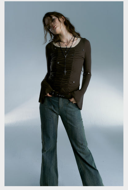 strike-a-pose-fairy-flared-wool-blend-blouse-in-grey-brown-worn-by-a-model