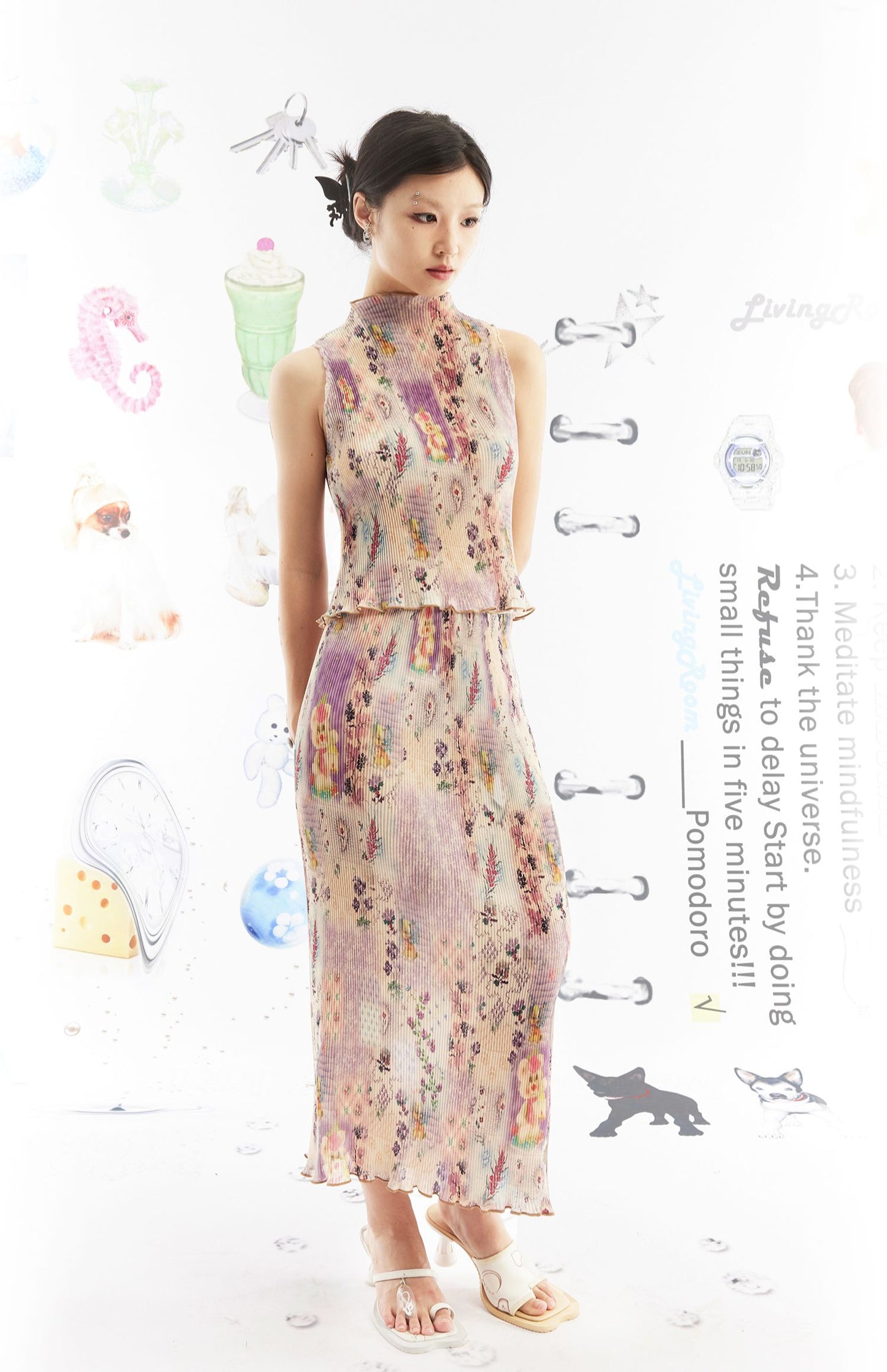 Wisteria Fairy Floral Print Pleated Maxi Skirt