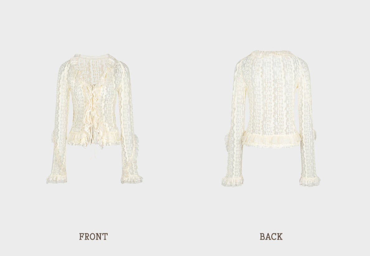 Fairy White Lace Ruffle Trim Flared Cardigan