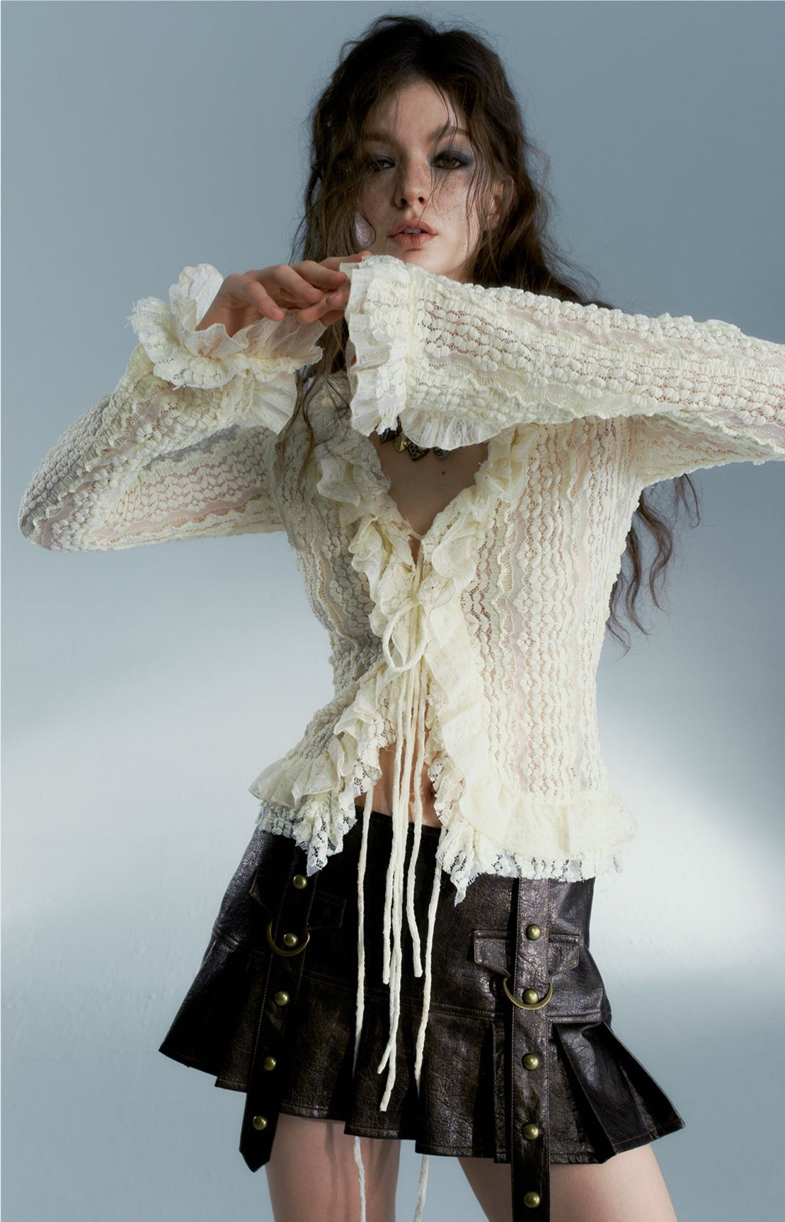 Fairy White Lace Ruffle Trim Flared Cardigan