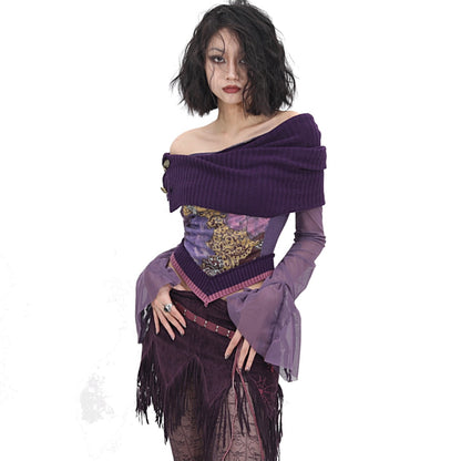 Off-Shoulder Purple Flare Mesh Top