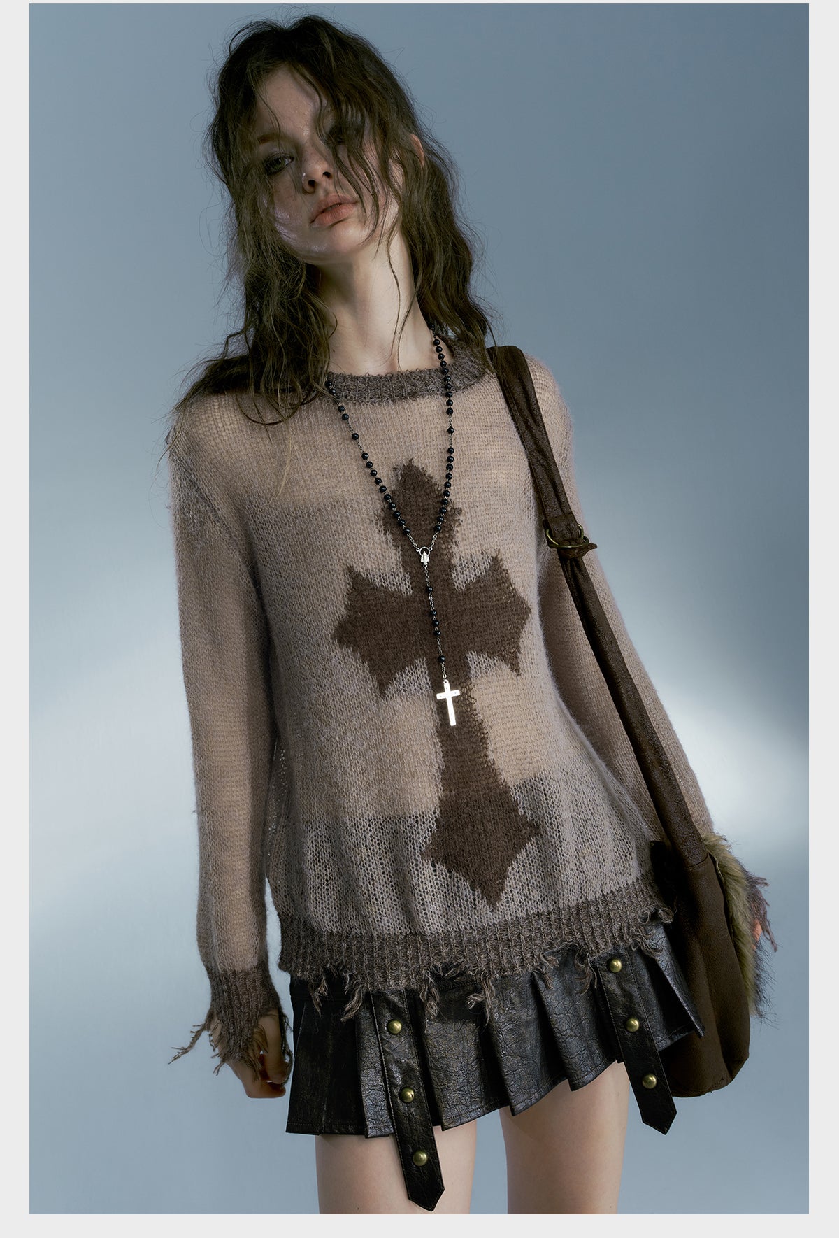 Goth Cross Distressed Wool Knit Sweater