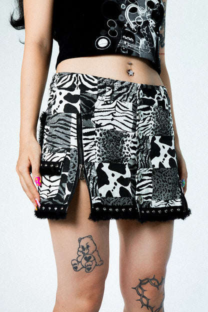 Zebra Leopard Rivet Distressed Skirt