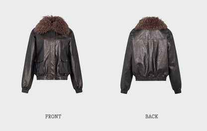 Grunge Vegan Leather Jacket With Detachable Fluffy Collar