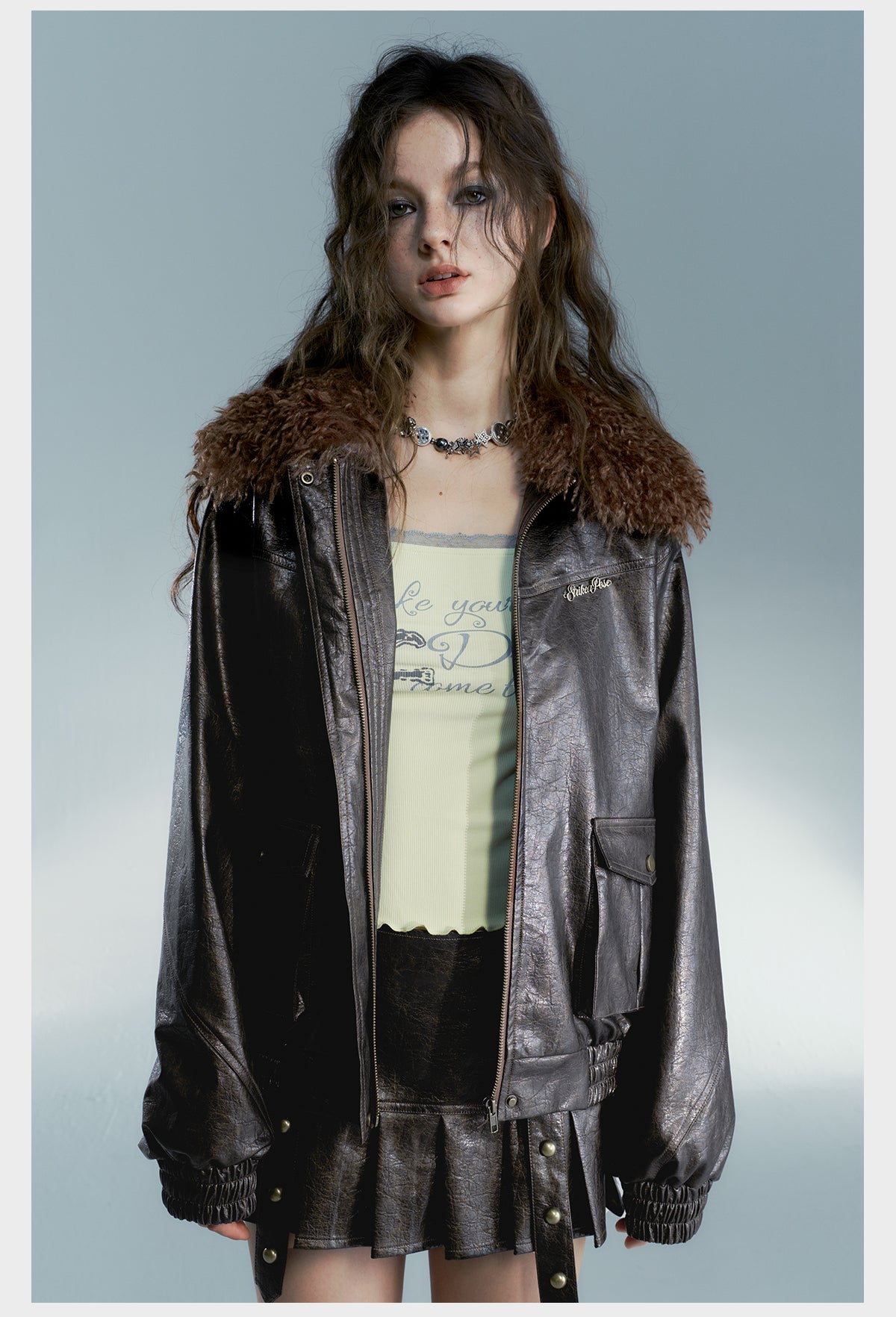 Grunge Vegan Leather Jacket With Detachable Fluffy Collar