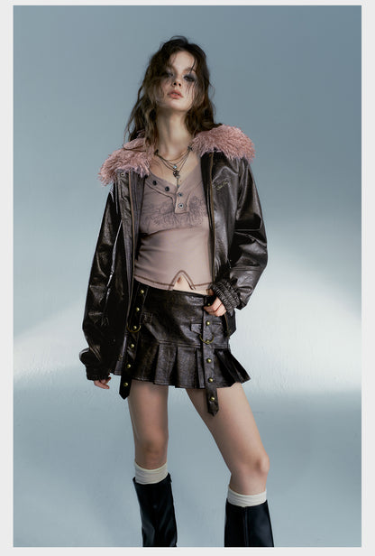 Grunge Vegan Leather Jacket With Detachable Fluffy Collar