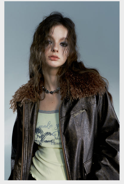 Grunge Vegan Leather Jacket With Detachable Fluffy Collar