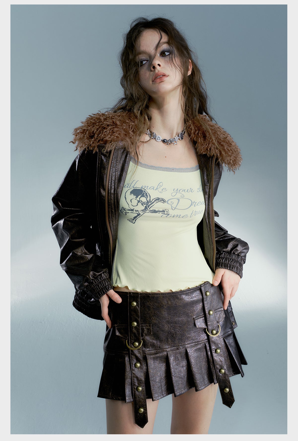 Grunge Vegan Leather Jacket With Detachable Fluffy Collar