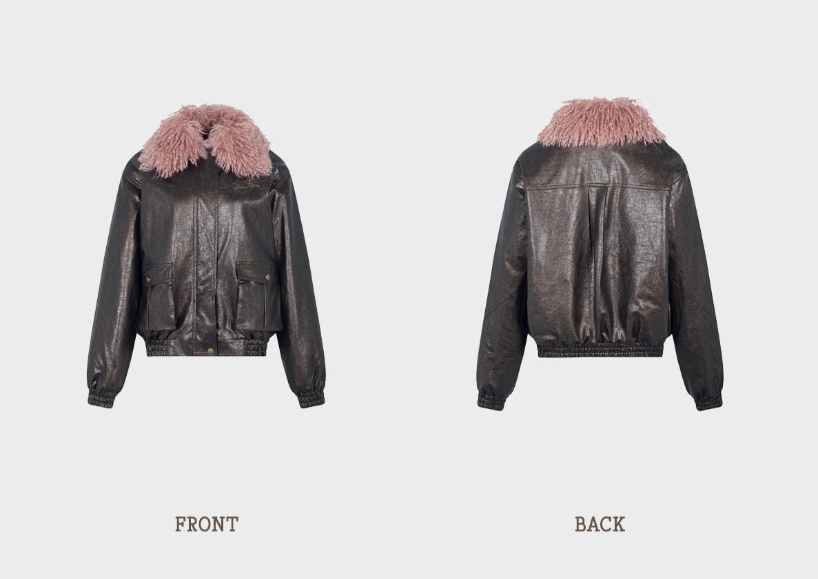 Grunge Vegan Leather Jacket With Detachable Fluffy Collar