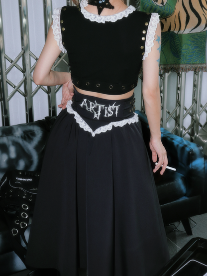 Grunge Lace Embroidered Waist Strap Maxi Skirt