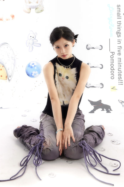 livingroom-kitty-print-pleated-tank-top