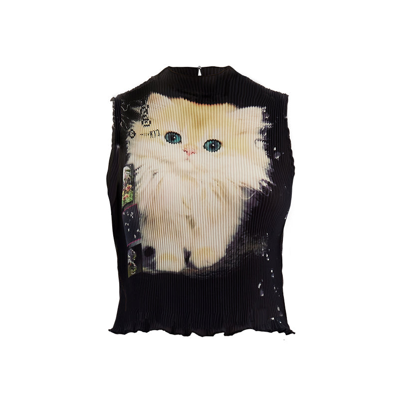 Kitty Print Pleated Black Tank Top