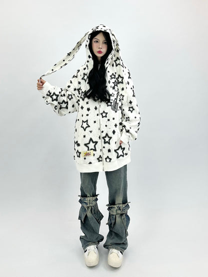 White Oversized Long Bunny Ear Hoodie