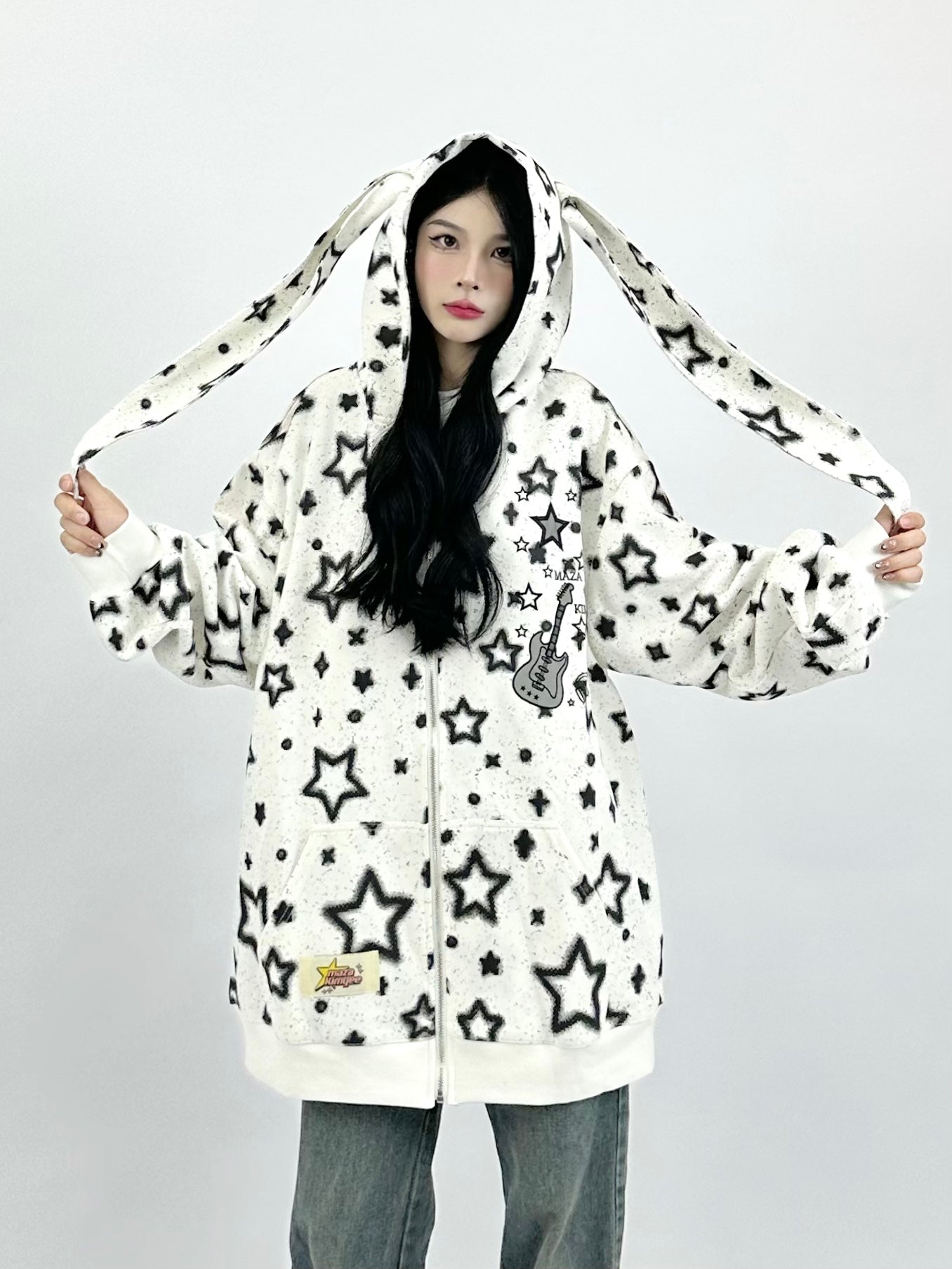 White Oversized Long Bunny Ear Hoodie