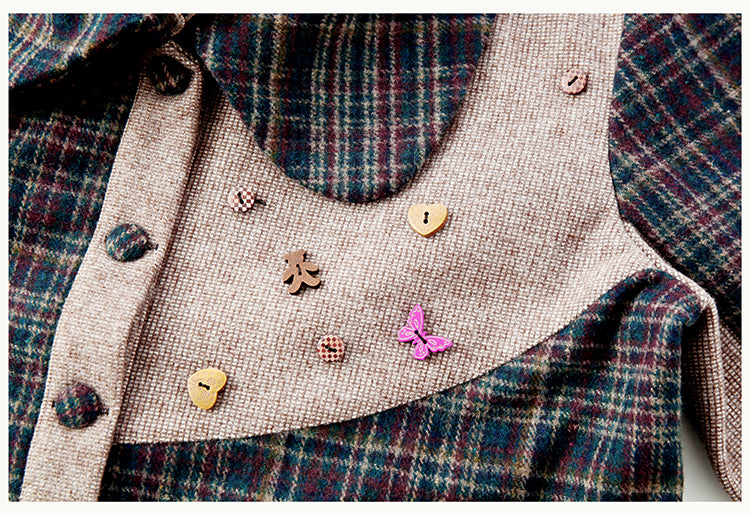 Petal Collar Woolen Brown Plaid Coat