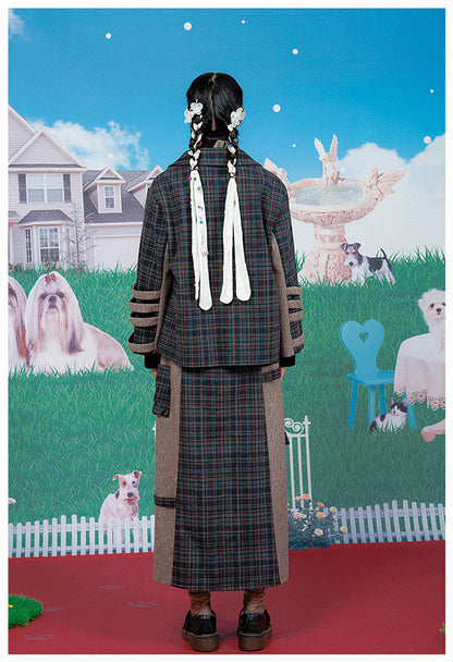 Petal Collar Woolen Brown Plaid Coat