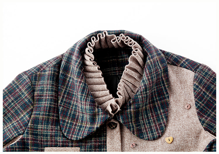 Petal Collar Woolen Brown Plaid Coat