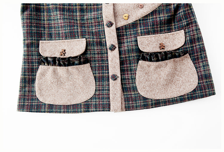 Petal Collar Woolen Brown Plaid Coat