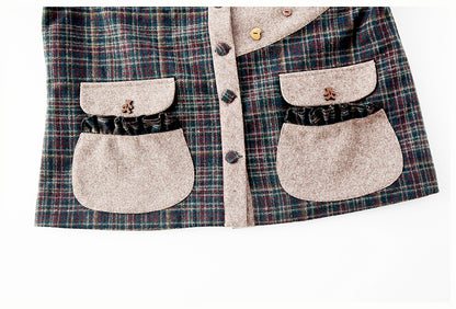 Petal Collar Woolen Brown Plaid Coat