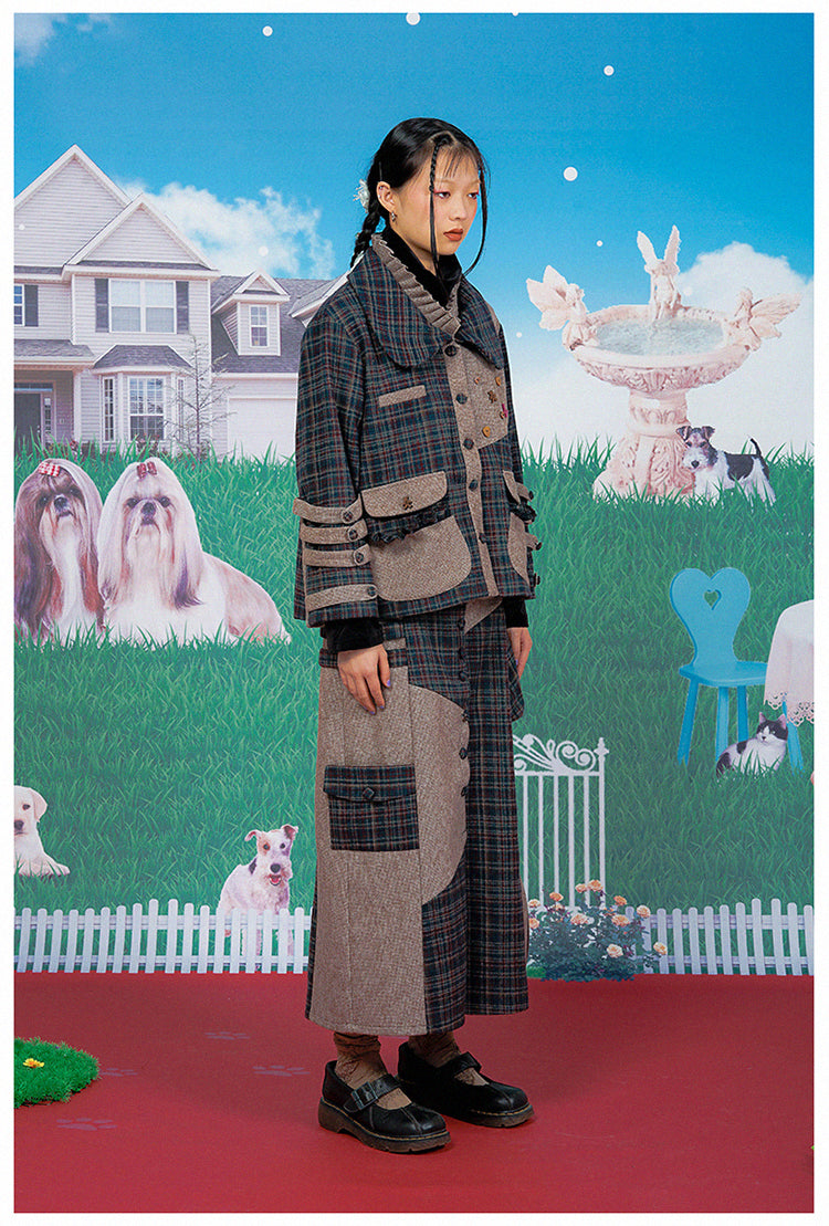 Petal Collar Woolen Brown Plaid Coat