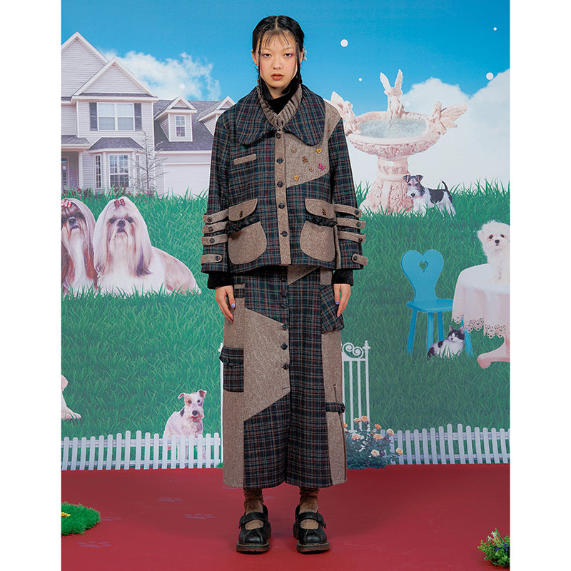 Petal Collar Woolen Brown Plaid Coat